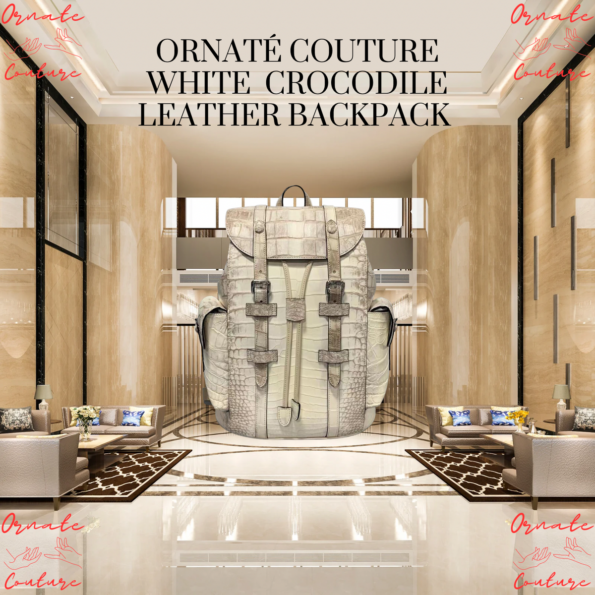 Ornaté Couture White Crocodile Leather Backpack